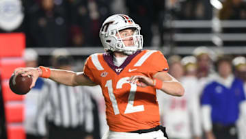 Nov 5, 2021; Chestnut Hill, Massachusetts, USA; Virginia Tech Hokies quarterback Knox Kadum (12) looks to throw against the Boston College Eagles during the second half at Alumni Stadium. Mandatory Credit: Brian Fluharty-USA TODAY Sports