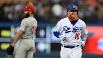 LOS ANGELES, CA - MAY 29: Justin Turner #10 of the Los Angeles Dodgers grimaces after flying out during the first inning of a game against the Philadelphia Phillies at Dodger Stadium on May 29, 2018 in Los Angeles, California. (Photo by Sean M. Haffey/Getty Images)