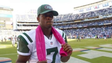 Oct 5, 2014; San Diego, CA, USA; New York Jets quarterback Geno Smith (7) walks to the lockerroom after the Jets were shutout 31-0 against the San Diego Chargers at Qualcomm Stadium. Mandatory Credit: Jake Roth-USA TODAY Sports