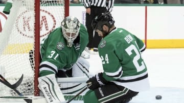 Oct 25, 2016; Dallas, TX, USA; Dallas Stars goalie Antti Niemi (31) and defenseman Jordie Benn (24) faces the Winnipeg Jets attack during the first period at the American Airlines Center. Mandatory Credit: Jerome Miron-USA TODAY Sports
