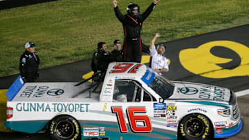 LAS VEGAS, NEVADA - SEPTEMBER 13: Austin Hill, driver of the #16 Gunma Toyopet Toyota, celebrates after winning the NASCAR Gander Outdoor Truck Series World of Westgate Las Vegas 200 at Las Vegas Motor Speedway on September 13, 2019 in Las Vegas, Nevada. (Photo by Jonathan Ferrey/Getty Images)