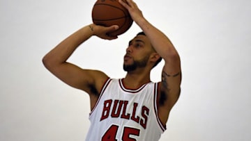 Sep 26, 2016; Chicago, IL, USA; Chicago Bulls guard Denzel Valentine (45) poses for a photo during Bulls media day at The Advocate Center. Mandatory Credit: David Banks-USA TODAY Sports