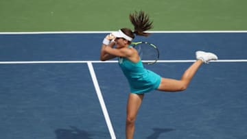 NEW YORK, NY - AUGUST 28: Johanna Konta of Great Britain returns a shot during her first round Women's Singles match against Aleksandra Krunic of Serbia