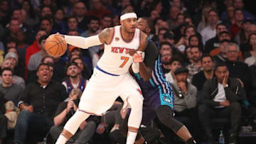 Nov 25, 2016; New York, NY, USA; New York Knicks forward Carmelo Anthony (7) drives against Charlotte Hornets forward Michael Kidd-Gilchrist (14) during the first quarter at Madison Square Garden. Mandatory Credit: Anthony Gruppuso-USA TODAY Sports