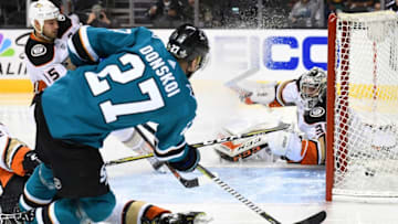 SAN JOSE, CA - APRIL 16: Joonas Donskoi #27 of the San Jose Sharks shoots and scores getting his shot past goalie John Gibson #36 of the Anaheim Ducks during the second period in Game Three of the Western Conference First Round during the 2018 NHL Stanley Cup Playoffs at SAP Center on April 16, 2018 in San Jose, California. (Photo by Thearon W. Henderson/Getty Images)
