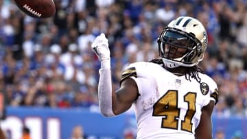 EAST RUTHERFORD, NJ - SEPTEMBER 30: Alvin Kamara #41 of the New Orleans Saints celebrates after scoring a touchdown against the New York Giants during the third quarter at MetLife Stadium on September 30, 2018 in East Rutherford, New Jersey. (Photo by Al Bello/Getty Images)