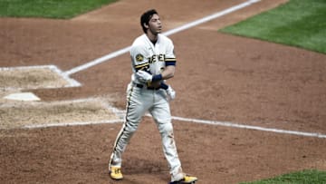 MILWAUKEE, WISCONSIN - AUGUST 04: Christian Yelich #22 of the Milwaukee Brewers reacts to a strike out during a game against the Chicago White Sox at Miller Park on August 04, 2020 in Milwaukee, Wisconsin. (Photo by Stacy Revere/Getty Images)