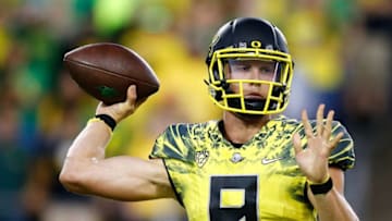 Dakota Prukop #9 of the Oregon Ducks throws the ball against the Virginia Cavaliers at Autzen Stadium on September 10, 2016. (Photo by Jonathan Ferrey/Getty Images)