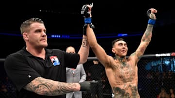 GDANSK, POLAND - OCTOBER 21: Andre Fili celebrates after his unanimous-decision victory over Artem Lobov in their featherweight bout during the UFC Fight Night event inside Ergo Arena on October 21, 2017 in Gdansk, Poland. (Photo by Jeff Bottari/Zuffa LLC/Zuffa LLC via Getty Images)