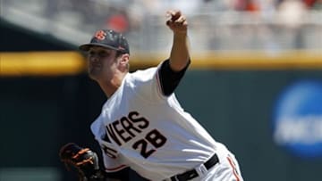 Jun 17, 2013; Omaha, NE, USA; Oregon State Beavers pitcher Ben Wetzler (28) throws against the Louisville Cardinals during the College World Series at TD Ameritrade Park. Mandatory Credit: Bruce Thorson-USA TODAY Sports