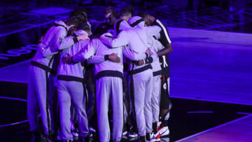LOS ANGELES, CALIFORNIA - APRIL 01: The LA Clippers huddle ahead of the game against the Denver Nuggets at Staples Center on April 01, 2021 in Los Angeles, California. NOTE TO USER: User expressly acknowledges and agrees that, by downloading and or using this photograph, User is consenting to the terms and conditions of the Getty Images License Agreement. (Photo by Meg Oliphant/Getty Images)