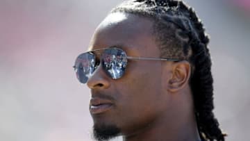 LOS ANGELES, CA - AUGUST 25: Todd Gurley II #30 of the Los Angeles Rams on the sidelines during a preseason game against the Houston Texans at Los Angeles Memorial Coliseum on August 25, 2018 in Los Angeles, California. (Photo by Harry How/Getty Images)