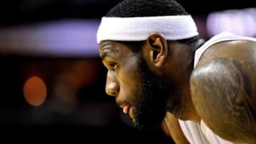 Mar 14, 2014; Miami, FL, USA; Miami Heat forward LeBron James (6) during the second half against the Denver Nuggets at American Airlines Arena. Mandatory Credit: Steve Mitchell-USA TODAY Sports