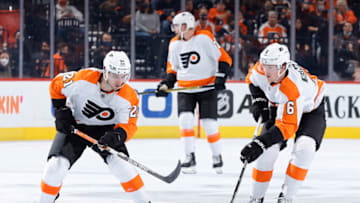 PHILADELPHIA, PENNSYLVANIA - OCTOBER 20: Travis Sanheim #6 of the Philadelphia Flyers looks to pass against the Boston Bruins at Wells Fargo Center on October 20, 2021 in Philadelphia, Pennsylvania. (Photo by Tim Nwachukwu/Getty Images)