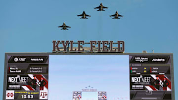 COLLEGE STATION, TX - OCTOBER 28: A view of an F-16 flyover before the game between the Texas A&M Aggies and the Mississippi State Bulldogs at Kyle Field on October 28, 2017 in College Station, Texas. (Photo by Tim Warner/Getty Images)