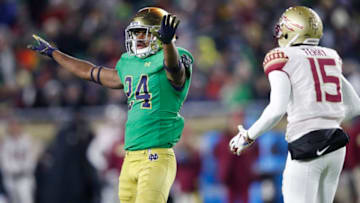SOUTH BEND, IN - NOVEMBER 10: Nick Coleman #24 of the Notre Dame Fighting Irish celebrates after breaking up a pass against Tamorrion Terry #15 of the Florida State Seminoles in the first quarter of the game at Notre Dame Stadium on November 10, 2018 in South Bend, Indiana. (Photo by Joe Robbins/Getty Images)