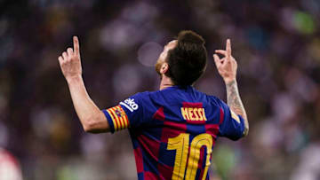 JEDDAH, SAUDI ARABIA - JANUARY 09: Lionel Messi of FC Barcelona celebrates his goal during the Supercopa de Espana Semi-Final match between FC Barcelona and Club Atletico de Madrid at King Abdullah Sports City on January 9, 2020 in Jeddah, Saudi Arabia. (Photo by Ricardo Nogueira/Eurasia Sport Images/Getty Images)