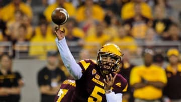 Sep 3, 2016; Tempe, AZ, USA; Arizona State Sun Devils quarterback Manny Wilkins (5) throws during the first half against the Northern Arizona Lumberjacks at Sun Devil Stadium. Mandatory Credit: Matt Kartozian-USA TODAY Sports