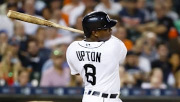 Aug 30, 2016; Detroit, MI, USA; Detroit Tigers left fielder Justin Upton (8) hits an RBI single in the sixth inning against the Chicago White Sox at Comerica Park. Mandatory Credit: Rick Osentoski-USA TODAY Sports