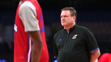 SAN ANTONIO, TX - MARCH 30: head coach Bill Self of the Kansas Jayhawks looks on during practice before the 2018 Men's NCAA Final Four at the Alamodome on March 30, 2018 in San Antonio, Texas. (Photo by Tom Pennington/Getty Images)