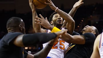 Oct 25, 2016; Cleveland, OH, USA; New York Knicks guard Derrick Rose (25) is fouled as he goes to the basket in the second half against the Cleveland Cavaliers at Quicken Loans Arena. Cleveland won 117-88. Mandatory Credit: Rick Osentoski-USA TODAY Sports