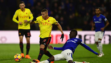 WATFORD, ENGLAND - FEBRUARY 24: Richarlison de Andrade of Watford and Idrissa Gueye of Everton during the Premier League match between Watford and Everton at Vicarage Road on February 24, 2018 in Watford, England. (Photo by Alex Broadway/Getty Images)