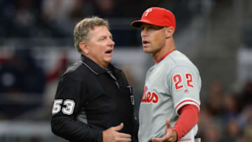 ATLANTA, GA MARCH 30: Philadelphia manager Gabe Kapler has words with home plate umpire Greg Gibson during a game between the Braves and the Phillies on March 30, 2018 at SunTrust Park in Atlanta, GA. The Philadelphia Phillies beat the Atlanta Braves by a score of 5 4 in 11 innings. (Photo by Rich von Biberstein/Icon Sportswire via Getty Images)