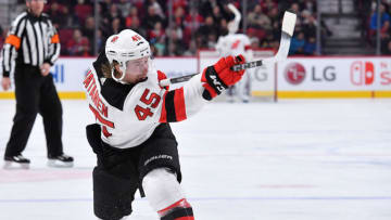MONTREAL, QC - APRIL 1: Sami Vatanen #45 of the New Jersey Devils fires a slap shot against the Montreal Canadiens in the NHL game at the Bell Centre on April 1, 2018 in Montreal, Quebec, Canada. (Photo by Francois Lacasse/NHLI via Getty Images) *** Local Caption ***