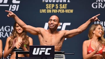 LAS VEGAS, NV - SEPTEMBER 04: John Dodson steps onto the scale during the UFC 191 weigh-in inside MGM Grand Garden Arena on September 4, 2015 in Las Vegas, Nevada. (Photo by Josh Hedges/Zuffa LLC/Zuffa LLC via Getty Images)