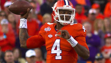 Nov 12, 2016; Clemson, SC, USA; Clemson Tigers quarterback Deshaun Watson (4) passes the ball during the first half against the Pittsburgh Panthers at Clemson Memorial Stadium. Mandatory Credit: Joshua S. Kelly-USA TODAY Sports