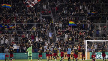 WASHINGTON, DC - JUNE 19: D.C. United players celebrate with fans after the MLS game against Inter Miami at Audi Field on June 19, 2021 in Washington, DC. (Photo by Scott Taetsch/Getty Images)