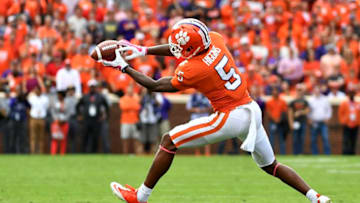 CLEMSON, SC - OCTOBER 20: Wide receiver Tee Higgins #5 of the Clemson Tigers makes a reception in the open field against the North Carolina State Wolfpack during the football game at Clemson Memorial Stadium on October 20, 2018 in Clemson, South Carolina. (Photo by Mike Comer/Getty Images)