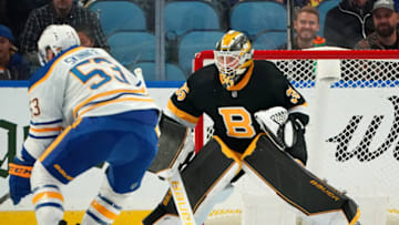 BUFFALO, NY - OCTOBER 22: Linus Ullmark #35 of the Boston Bruins tends net as Jeff Skinner #53 of the Buffalo Sabres skates with the puck during the first period at KeyBank Center on October 22, 2021 in Buffalo, New York. (Photo by Kevin Hoffman/Getty Images)