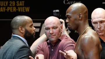 LOS ANGELES, CA - JULY 26: Dana White (C), UFC President, separates the two fighters Daniel Cormier (L) and Jon Jones during the UFC 214 Press Conference at The Novo by Microsoft July 26, 2017 in Los Angeles, California. (Photo by Kevork Djansezian/Zuffa LLC via Getty Images)