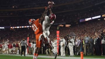 Jan 11, 2016; Glendale, AZ, USA; Clemson Tigers cornerback Adrian Baker (21) breaks up a pass intended for Alabama Crimson Tide wide receiver Calvin Ridley (3) during the fourth quarter in the 2016 CFP National Championship at University of Phoenix Stadium. Mandatory Credit: Joe Camporeale-USA TODAY Sports