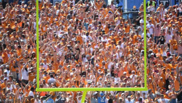 The Tennessee Volunteers student section cheers on their team against the Virginia Cavaliers during their game at Nissan Stadium Saturday, Sept. 2, 2023.