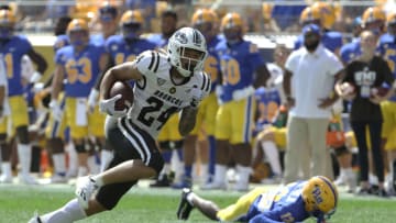 Sep 18, 2021; Pittsburgh, Pennsylvania, USA; Western Michigan Broncos wide receiver Skyy Moore (24) runs after a pass reception on is way to scoring a touchdown against the Pittsburgh Panthers during the second quarter at Heinz Field. Mandatory Credit: Charles LeClaire-USA TODAY Sports