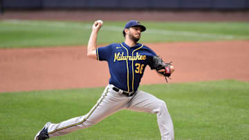 MILWAUKEE, WISCONSIN - JULY 14: Jake Faria #36 of the Milwaukee Brewers throws a pitch during Summer Workouts at Miller Park on July 14, 2020 in Milwaukee, Wisconsin. (Photo by Stacy Revere/Getty Images)