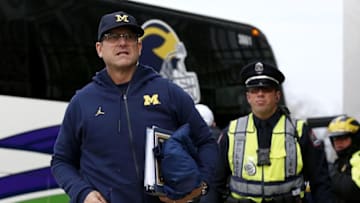 Nov 26, 2016; Columbus, OH, USA; Michigan Wolverines head coach Jim Harbaugh arrives before the game against the Ohio State Buckeyes at Ohio Stadium. Mandatory Credit: Joe Maiorana-USA TODAY Sports