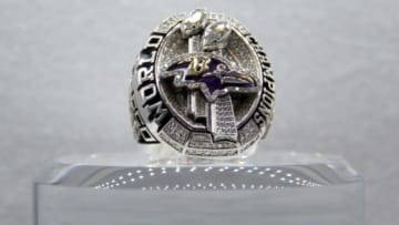 Jan 29, 2015; Phoenix, AZ, USA; General view of Super Bowl XLVII championship ring to commemorate the Baltimore Ravens 34-31 victory over the San Francisco 49ers on February 3, 2013 on display at the NFL Experience at the Phoenix Convention Center. Mandatory Credit: Kirby Lee-USA TODAY Sport