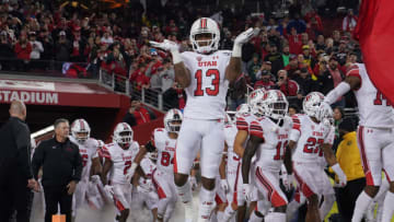 SANTA CLARA, CALIFORNIA - DECEMBER 06: Wide receiver Donte Banton #13 of the Utah Utes runs onto the field with his teammates prior to the start of the Pac-12 Championship game against the Oregon Ducks at Levi's Stadium on December 06, 2019 in Santa Clara, California. (Photo by Thearon W. Henderson/Getty Images)