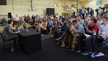 Jun 21, 2016; El Segunda, CA, USA; Los Angeles Lakers new head coach Luke Walton talks to the media during a press conference at Toyota Sports Center. Mandatory Credit: Jayne Kamin-Oncea-USA TODAY Sports