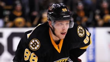 Mar 5, 2016; Boston, MA, USA; Boston Bruins left wing David Pastrnak (88) lines up for a face-off during the second period against the Washington Capitals at TD Garden. Mandatory Credit: Bob DeChiara-USA TODAY Sports