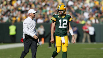 GREEN BAY, WISCONSIN - OCTOBER 20: Head coach Matt LaFleur of the Green Bay Packers talks with Aaron Rodgers #12 during the first half against the Oakland Raiders in the game at Lambeau Field on October 20, 2019 in Green Bay, Wisconsin. (Photo by Dylan Buell/Getty Images)