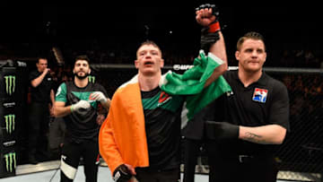 LONDON, ENGLAND - MARCH 18: Joe Duffy of Ireland celebrates his victory over Reza Madadi of Iran in their lightweight fight during the UFC Fight Night event at The O2 arena on March 18, 2017 in London, England. (Photo by Josh Hedges/Zuffa LLC/Zuffa LLC via Getty Images)