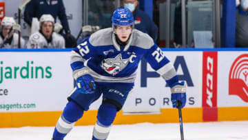 OSHAWA, ONTARIO - NOVEMBER 07: Jack Thompson #22 of the Sudbury Wolves skates against the Oshawa Generals at Tribute Communities Centre on November 07, 2021 in Oshawa, Ontario. (Photo by Chris Tanouye/Getty Images)