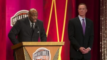 Aug 8, 2014; Springfield, MA, USA; Six-time NBA all-star Mitch Richmond is inducted into the Basketball Hall of Fame during the 2014 Naismith Memorial Basketball Hall of Fame Enshrinement Ceremony at Springfield Symphony Hall. Mandatory Credit: David Butler II-USA TODAY Sports