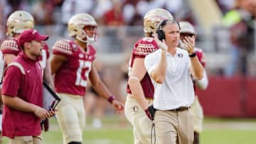 Florida State Seminoles head coach Mike Norvell applauds after his team makes a field goal. The Louisville Cardinals defeated the Florida State Seminoles 31-23 at Doak Campbell Stadium on Saturday, Sept. 25, 2021.Fsu V Louisville Football1055
