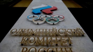 MOSCOW, RUSSIA - DECEMBER 12: Logo of the Russian Olympic Committee is seen during a session to discuss the IOC decision to suspend the Russian Olympic Committee and let Russian clean athletes compete under a neutral flag at the 2018 Winter Olympic Games in Pyeongchang in Moscow, Russia on December 12, 2017. (Photo by Sefa Karacan/Anadolu Agency/Getty Images)