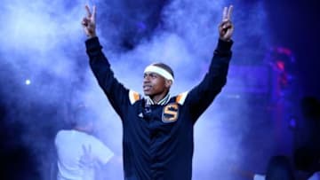 Oct 29, 2014; Phoenix, AZ, USA; Phoenix Suns guard Isaiah Thomas reacts prior to the game against the Los Angeles Lakers during the home opener at US Airways Center. Mandatory Credit: Mark J. Rebilas-USA TODAY Sports